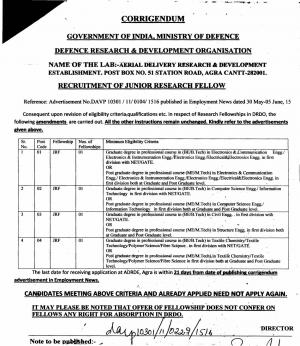 DRDO, Agra Notified Recruitment for 04 Junior Research Fellow Posts 2015