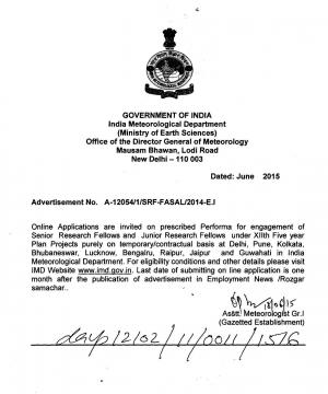 IMD Notified Recruitment for Senior Research Fellows and Junior Research Fellows Posts 2015