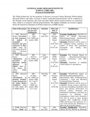National Dairy Research Institute, Karnal Notified Recrruitment for 32 Various Posts 2015