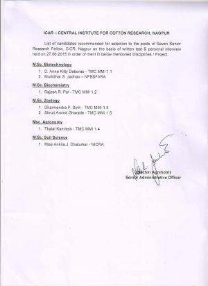 ICAR-CICR Declared Final Result for Senior Research Fellow Posts 2015