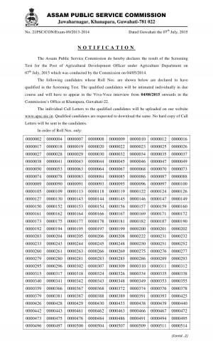 APSC Declared Exam Results for the Agricultural Development Officer Post 2015