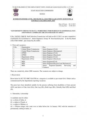 SSC Junior Engineer Exam 2015 Notification
