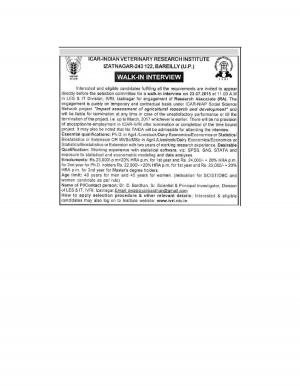 ICAR-IVRI Notified Walk-in Interview for Research Associate Post 2015