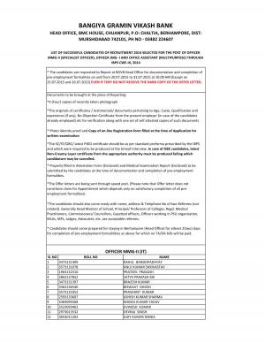 Bangiya Gramin Vikash Bank Declared Interview Result for Officer & Office Assistant Posts 2014-15