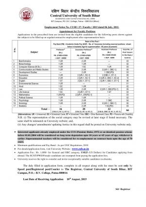 Central University of South Bihar Notified Recruitment for 66 Teaching Posts 2015
