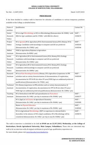 Kerala Agricultural University Notified Recruitment for 08 Various Posts 2015