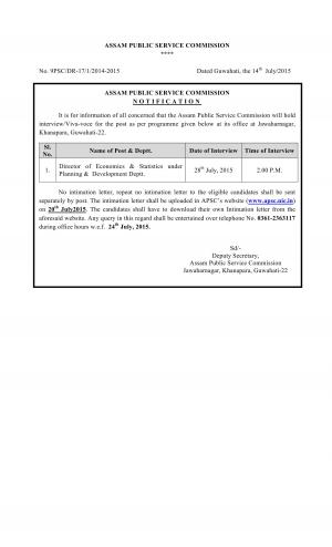 APSC Declared Interview Schedule for Director (Economics & Statistics) Posts 2015