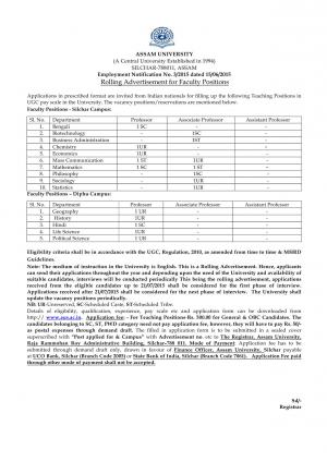 Assam University Notified Recruitment for 17 Faculty Posts 2015 