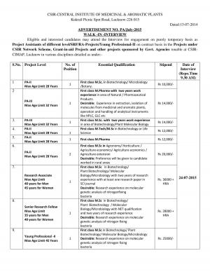 CSIR-CIMAP Notified Recruitment for 10 PA, RA, SRF & Young Professional Posts 2015