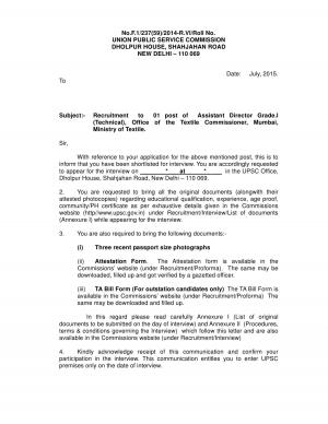 UPSC Issued Interview Schedule for Assistant Director Grade I Post 2015