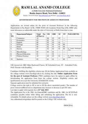 Ram Lal Anand College Notified Recruitment for 57 Assistant Professor Posts 201