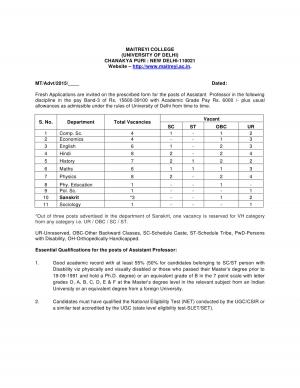 Maitreyi College Notified Recruitment for 49 Assistant Professor Posts 2015