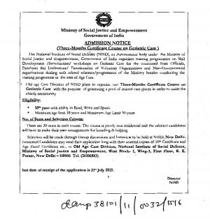 Ministry of Social Justice and Empowerment Notified Admission in Geriatric Care Courses 2015
