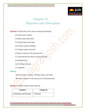 Digestion and Absorption CBSE Class 11 NCERT Solution