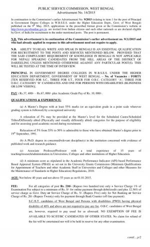 WBPSC Notified Recruitment for 40 Principal Posts 2015