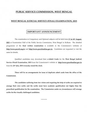 West Bengal Judicial Service (Final) Examination 2015: Exam Schedule