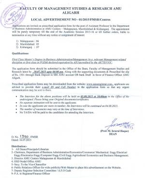 AMU Notified Recruitment to 18 Assistant Professor Posts 2015