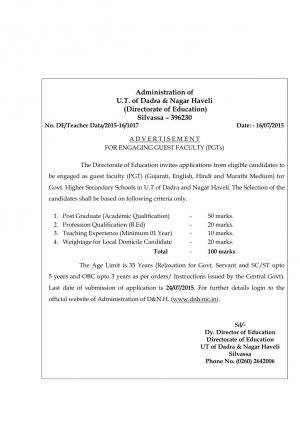 U.T. of Dadra & Nagar Haveli Notified Recruitment for 26 PGT Posts 2015