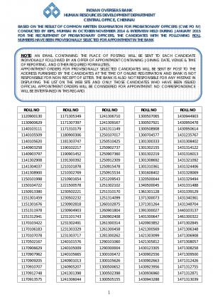 Indian Overseas Bank Declared Selected Candidate List for PO-IV Post 2015