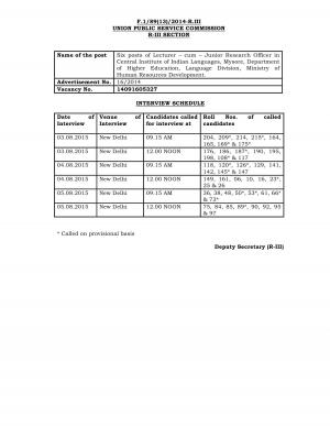 UPSC, New Delhi Issued Interview Schedule for Lecturer –cum- Junior Research Officer Post 2015