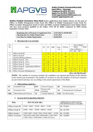 Andhra Pradesh Grameena Vikas Bank Notified Recruitment for 244 Officer and Office Asst Posts 2015