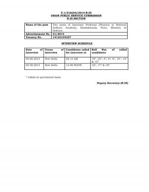 UPSC Declared Interview List for Associate Professor Posts 2015