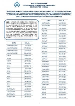 Indian Overseas Bank Declared 2nd Round Allotment List for Clerk Post 2014