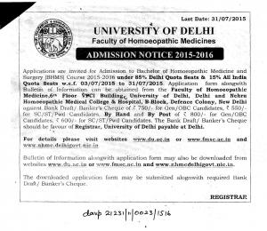 University of Delhi Notified Admission for BHMS Course 2015