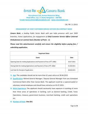 Canara Bank Notified Recruitment for Chief Customer Service Officer Post 2015