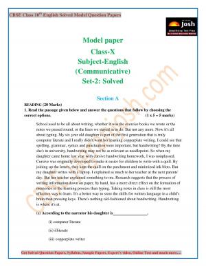 CBSE Class 10 solved English(English Communicative) Model Paper-set 2