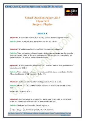 CBSE Class 12 Physics Solved Question Paper 2015