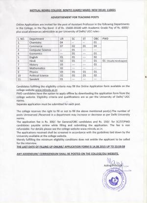 Motilal Nehru College Notified Recruitment to 51 Asst. Professor Posts 2015