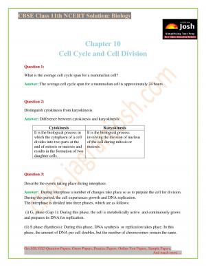 NCERT Solutions for Class 11th Biology Chapter 10 Cell Cycle and Cell Division