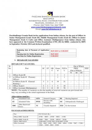 Paschim Banga Gramin Bank Notified Recruitment to 103 Various Posts 2015