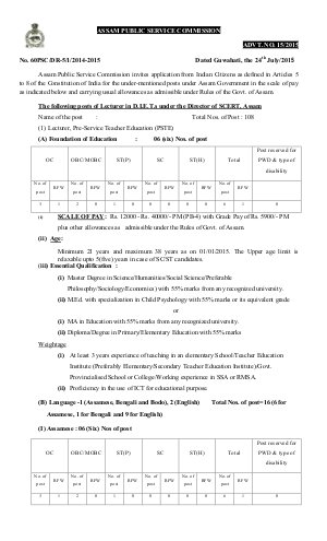 APSC Notified Recruitment to 159 Lecturer Posts 2015