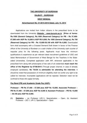 The University of Burdwan Notified Recruitment for 45 Teaching Posts 2015