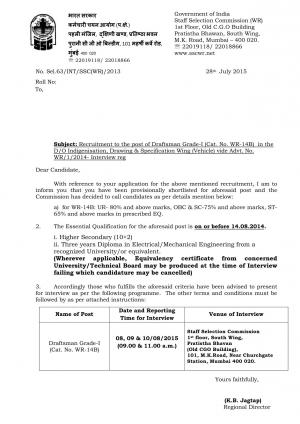 SSC-WR Issued Interview Schedule for Draftsman Grade- I Post 2015 