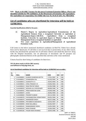 SSC-NR Issued Interview Schedule for Assistant Extension Officer Posts 2015 
