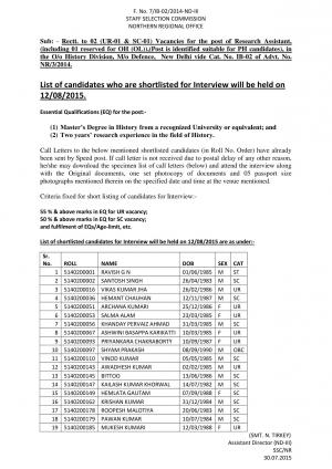 SSC-NR Issued Interview Schedule for Research Assistant Post 2015 