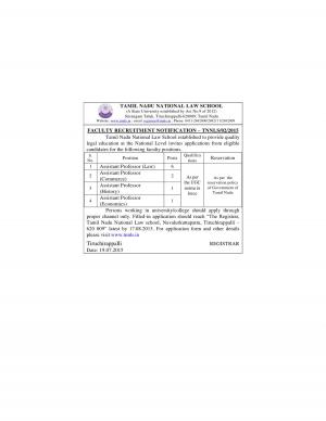 Tamil Nadu National Law School Notified Recruitment for 10 Faculty Posts 2015
