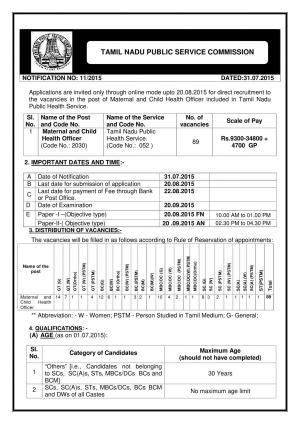 TNPSC Notified Recruitment for 89 Posts of Maternal and Child Health Officer 2015
