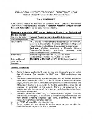 ICAR-CIRB, Hisar Notified Recruitment to 03 SRF & RA Posts 2015