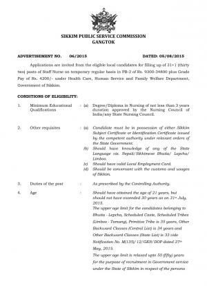 SPSC, Gangtok Notified Recruitment to 32 Staff Nurse Posts 2015