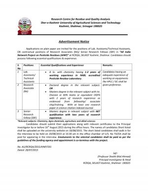 SKUAST Notified Recruitment to 03 Various Posts 2015 