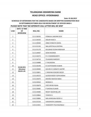 Telangana Grameena Bank Issued Interview Schedule for Officer JMGS-1 2015