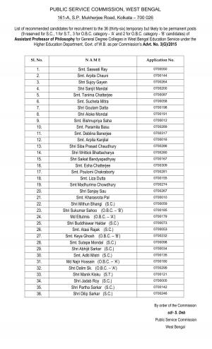 West Bengal PSC Declared Final Result for Assistant Professor (Bengali and Philosophy) Posts 2015 1