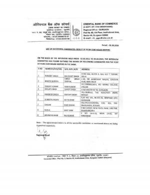 Oriental Bank of Commerce Declared Result of Peon cum House Keeper Posts 2015
