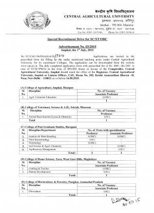 Central Agricultural University Notified Recruitment for 14 Faculty Posts 2015