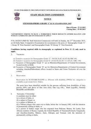 SSC Notified Recruitment for 1064 Stenographer (Grade ‘C’ and ‘D’) Post 2015 