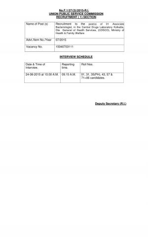 UPSC announced Interview Schedule for 01 post of Associate Bacteriologist 2015